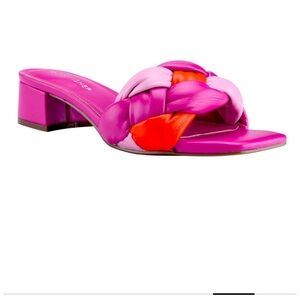 MARC FISHER WOMENS CALICEA BLOCK HEEL SQUARE TOE BRAIDED PINK/ORANGE SANDAL 7
